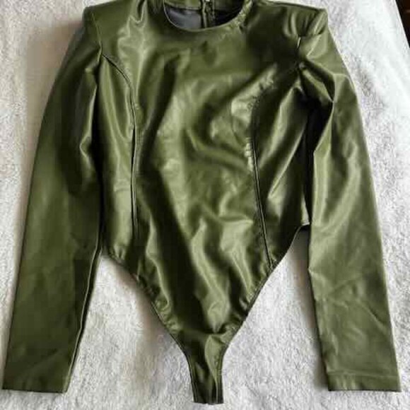 Adidas Ivy Park Olive Green Faux Leather Leotard Bodysuit - Women's Large - Picture 2 of 13